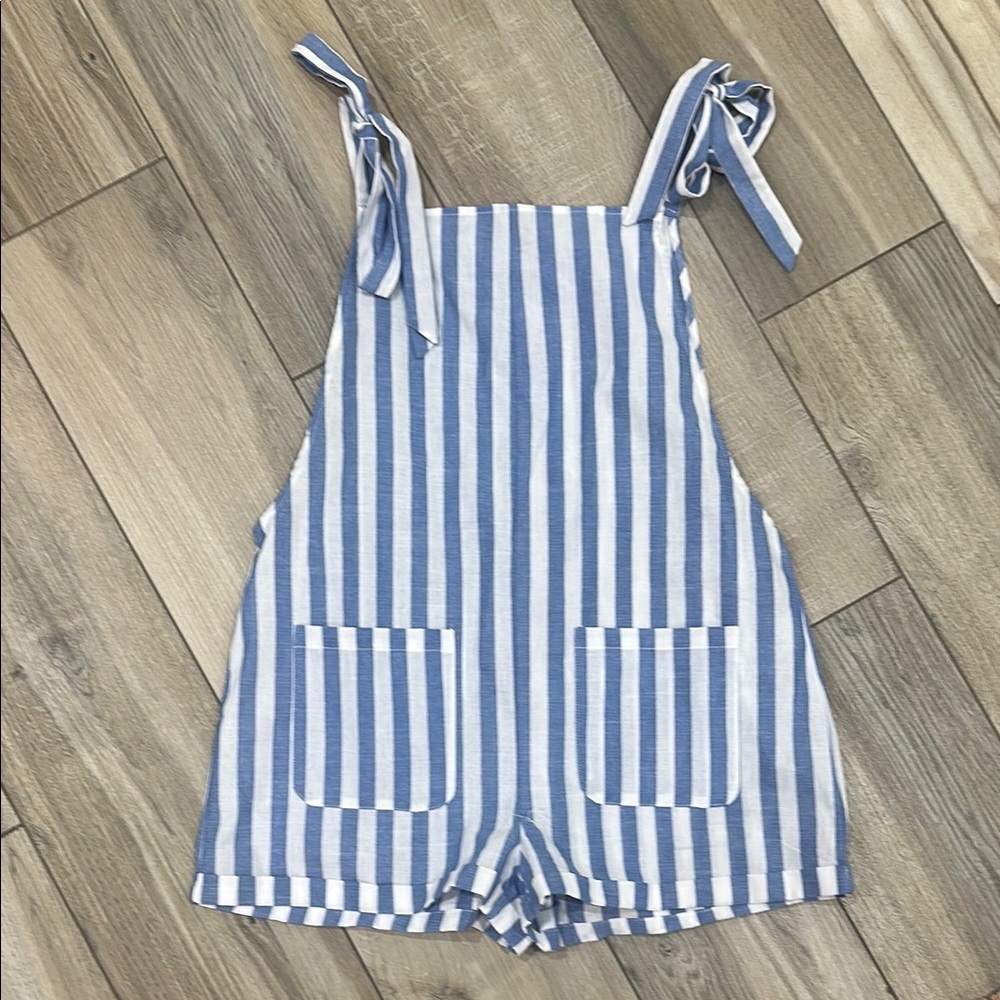 Blue and White Striped Overalls Romper
